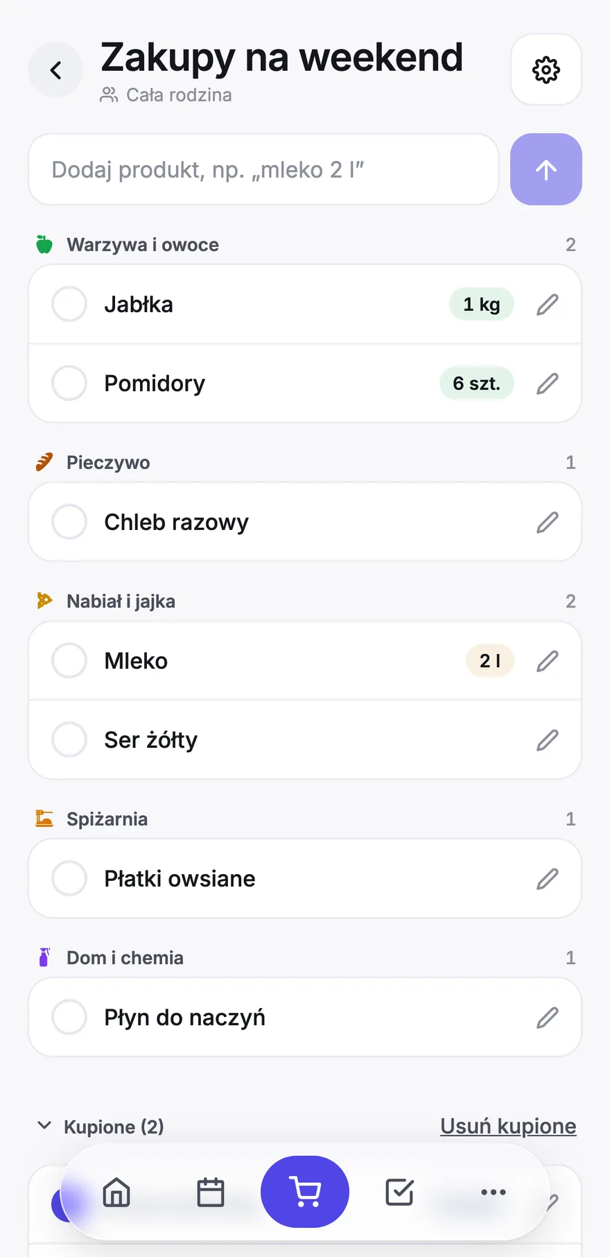 Wspólna lista zakupów w&nbsp;homcio pogrupowana według działów sklepu