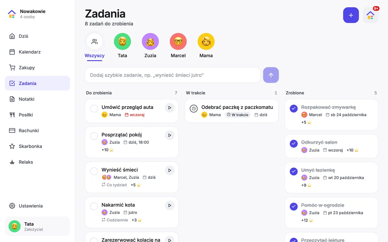 Zadania rodziny w&nbsp;homcio na tablecie: do zrobienia, w&nbsp;trakcie i&nbsp;zrobione
