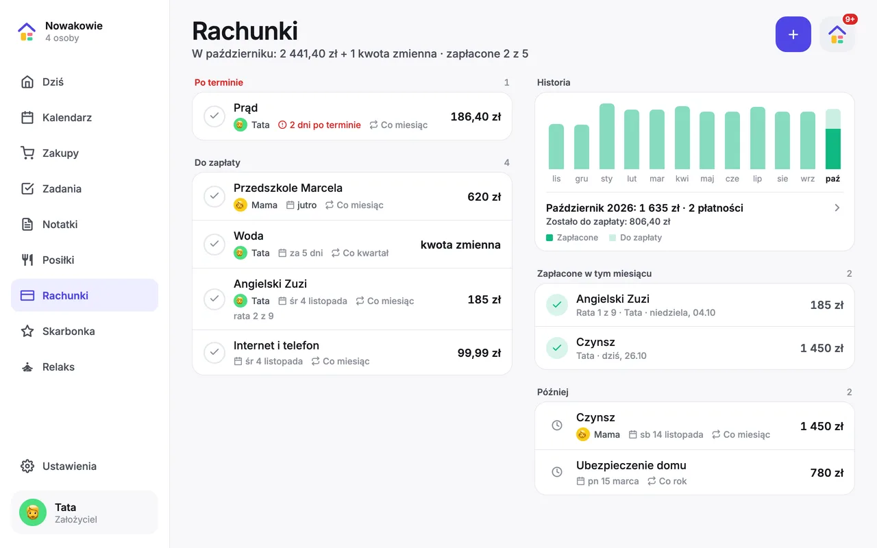 Rachunki w homcio na tablecie: po terminie, do zapłaty i historia miesięcy