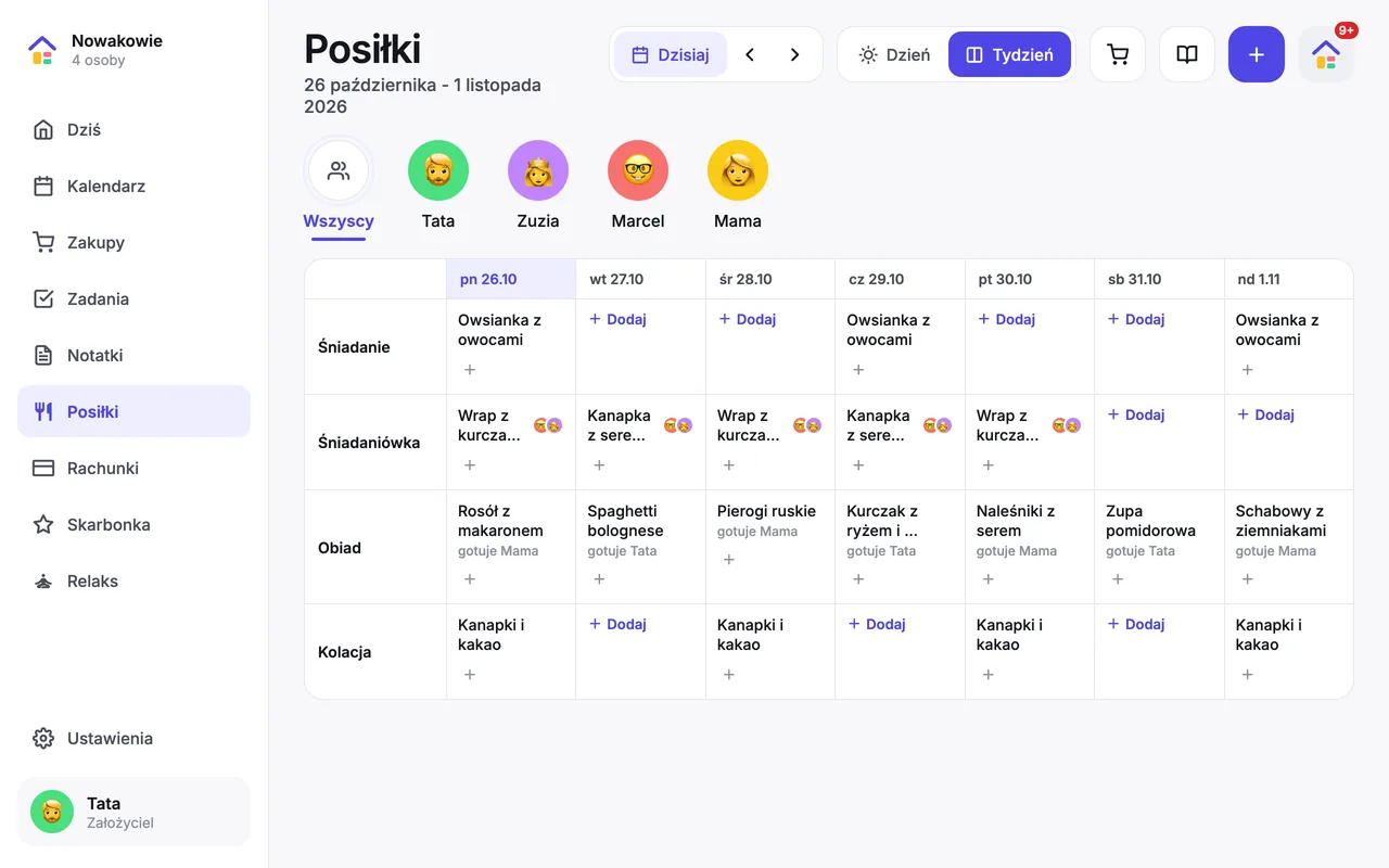 Tydzień posiłków w homcio na tablecie: dni i posiłki w jednej tabeli